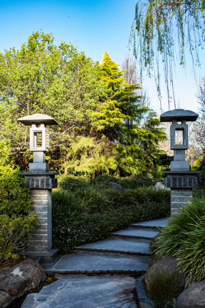 istock Winding garden stone pathway with Chinese pillars, weeping willow tree, shrubs against blue sky 1283443378