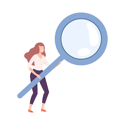 Woman with Big Magnifying Glass Searching for Information Vector Illustration. Female Engaged in Investigation, Data Analysis and Research Concept