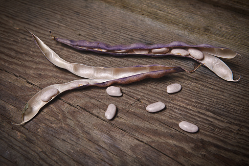 Dried purple pole bean open on a vintage wooden table