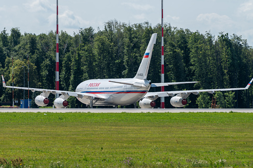July 2, 2019, Moscow, Russia. Airplane Ilyushin Il-96 Rossiya - Special Flight Detachment at Vnukovo airport in Moscow.
