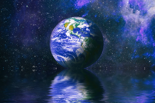 Earth beautiful unusual space planet in space reflected in water. galaxy stars night sky ,Elements of this Image Furnished by NASA , images-assets.nasa.gov/image/0202795/0202795~orig.jpg