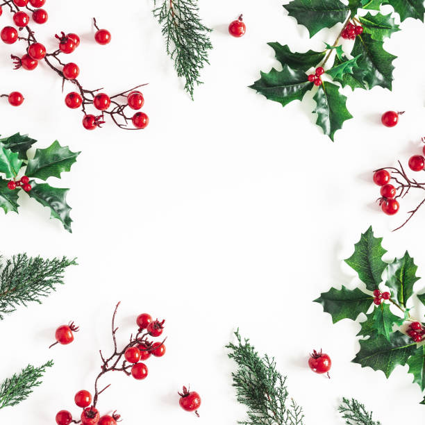 istock Christmas composition. Frame made of christmas plants on white background. Flat lay, top view, copy space 1283451165
