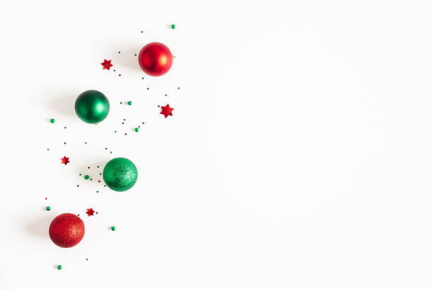 istock Christmas composition. Red and green decorations on white background. Christmas, winter, new year concept. Flat lay, top view, copy space 1283451205