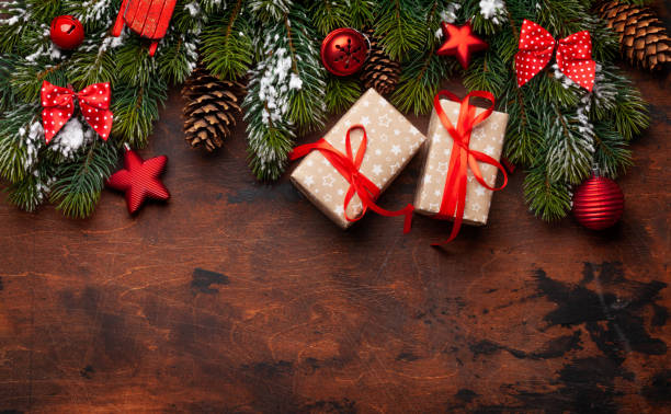 istock Christmas greeting card with fir tree and decor 1283454496