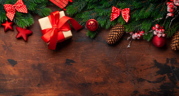 istock Christmas greeting card with fir tree and decor 1283454512