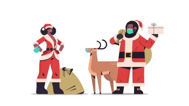 Vector illustration of african american man woman in masks wearing santa claus costumes happy new year merry christmas holiday