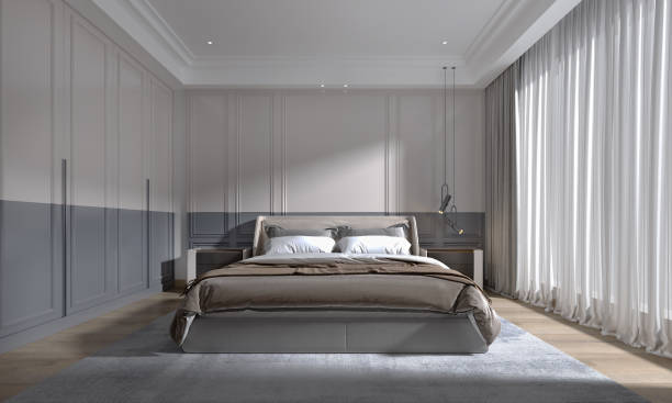 istock Modern luxury classic bedroom with daylight from large window. 3D illustration 1283456367