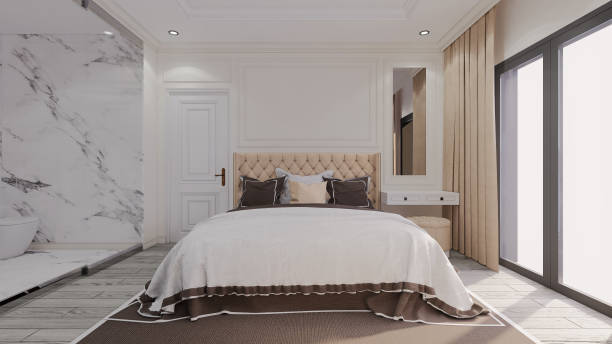 istock Modern luxury classic bedroom with see through bathroom beside. 3D illustration 1283456368