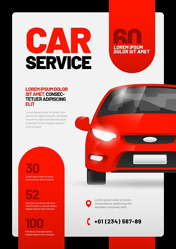 Vector mockup design with red car for auto service. Adapt to poster, flyer or banner. A4 size.