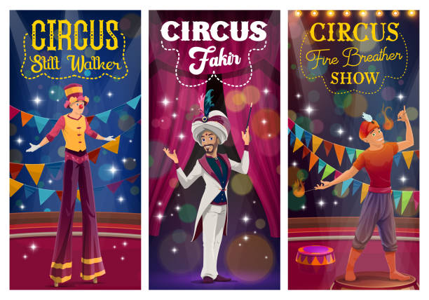 ilustraciones, imágenes clip art, dibujos animados e iconos de stock de mago de circo, caminante de zancos y respirador de fuego - fire eater fire performance circus performer
