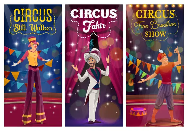 Vector illustration of Circus magician, stilt walker and fire breather