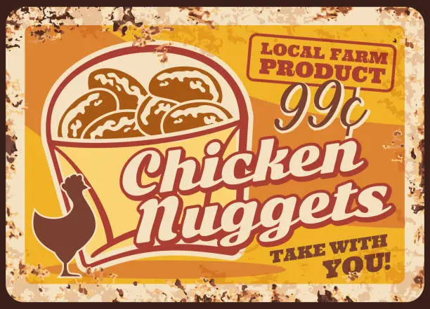 Vector illustration of Chicken nuggets rusty metal plate, takeaway food
