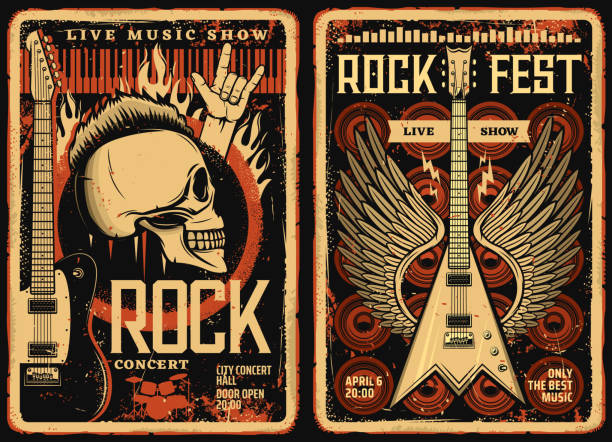 Rock fest posters flyers, concert music festival Rock fest posters and flyers, concert music band festival, vector grunge vintage skull and electric guitar with wings. Hard rock and live music concert fest show, drums and loudspeakers in fire flame punk rock stock illustrations