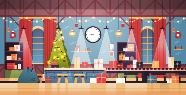 leer keine menschen santa claus weihnachtsfabrik mit geschenken auf maschinenlinie glücklich neues jahr winterfeiertage feier - workshop stock-grafiken, -clipart, -cartoons und -symbole