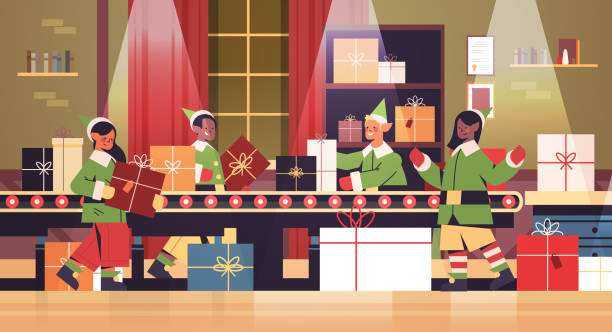 mix race elves putting gifts on machinery line conveyor happy new year christmas holidays celebration concept mix race elves putting gifts on machinery line conveyor happy new year christmas holidays celebration concept santa claus workshop interior horizontal full length vector illustration santa claus elf assistance christmas stock illustrations