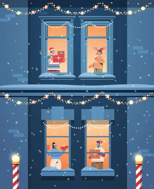 Vector illustration of people in santa hats holding gifts mix race neighbors standing in window frames new year christmas holidays