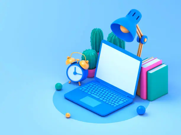 Laptop, books, cactuses, desk lamp  and alarm clock over blue background. 3d rendering