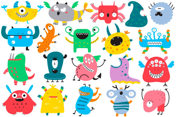 Monsters doodle set Monsters doodle set. Collection of colorful cartoon characters spooky creatures alliens ugly cyclops beasts mascots angry gremlins. Vector illustration of comic Halloween symbols. demon fictional character illustrations stock illustrations
