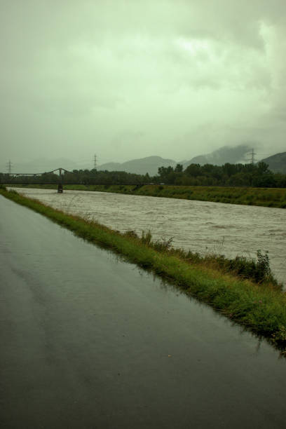 Flooded rhine river at the border between Switzerland and Liechtenstein August 30,2020