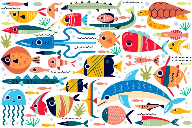 Vector illustration of Fish doodle set
