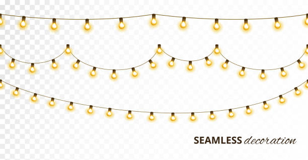 Light bulb garland, isolated vector decoration. String of golden christmas lights. Light bulb garland, isolated vector decoration. String of golden Christmas lights. Illuminated holiday border, glowing lamps frame. For wedding or birthday cards, New Year banners, party posters. hanging stock illustrations