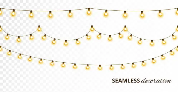 Vector illustration of Light bulb garland, isolated vector decoration. String of golden christmas lights.