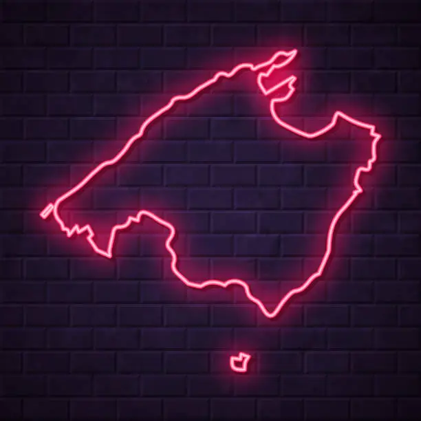Vector illustration of Majorca map - Glowing neon sign on brick wall background