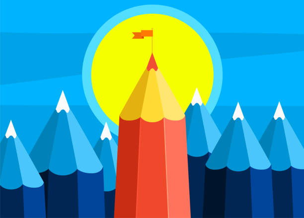 ilustrações de stock, clip art, desenhos animados e ícones de concept of creative success. goal achievement, mountain with flag. - school pencil