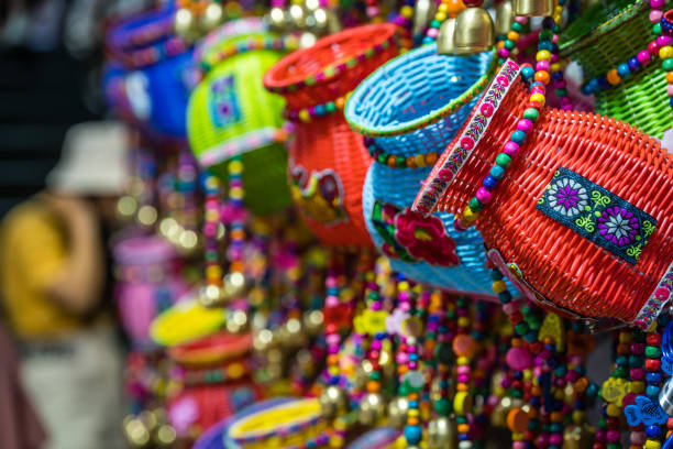 istock Colourful wicker baskets for sale for sale 1283462924
