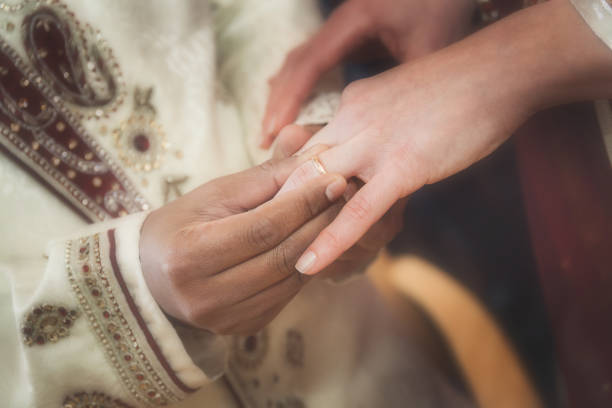 istock Indian groom putting ring on a brides hand 1283464081