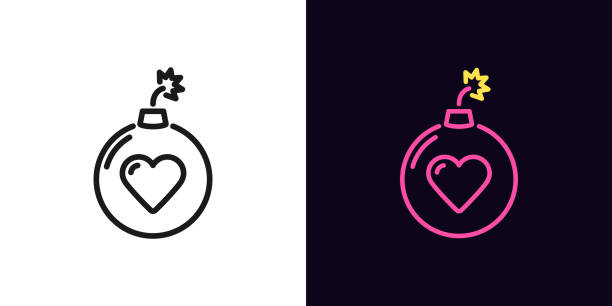 illustrazioni stock, clip art, cartoni animati e icone di tendenza di icona della bomba con tratto modificabile. segno bomba lineare con cuore, esplosione d'amore - heart shape exploding pink love