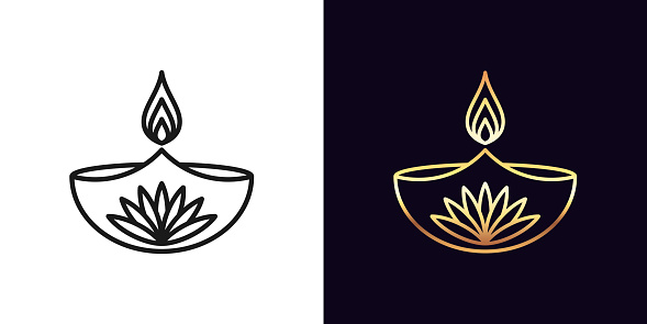 Outline diya icon with editable stroke. Linear golden Diya lamp with fire and lotus flower, Deepavali. Happy Diwali, Festival of the Lights in India. Vector icon, sign, symbol for UI and Animation