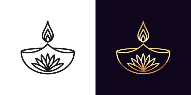 Outline diya icon with editable stroke. Linear golden Diya lamp with fire and lotus flower, Deepavali Outline diya icon with editable stroke. Linear golden Diya lamp with fire and lotus flower, Deepavali. Happy Diwali, Festival of the Lights in India. Vector icon, sign, symbol for UI and Animation diya oil lamp stock illustrations