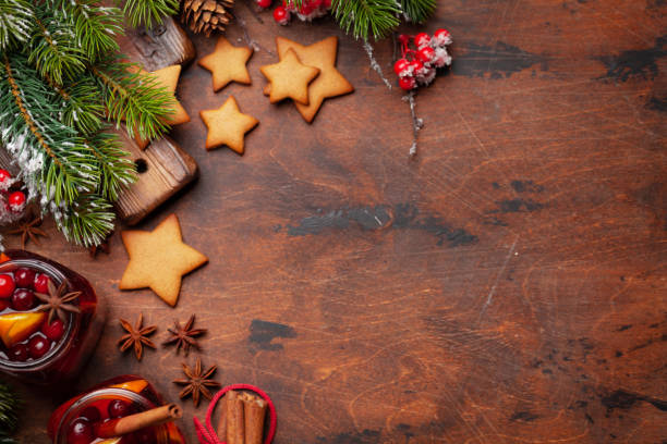 istock Christmas greeting card with cookies and mulled wine 1283465534