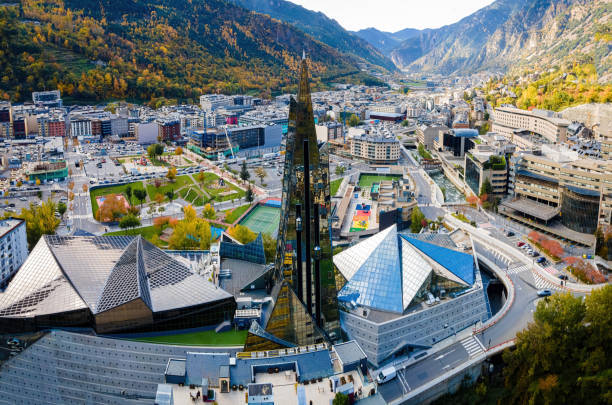 Aerial view of Andorra la Vella, the capital of Andorra, in the Pyrenees mountains stock photo