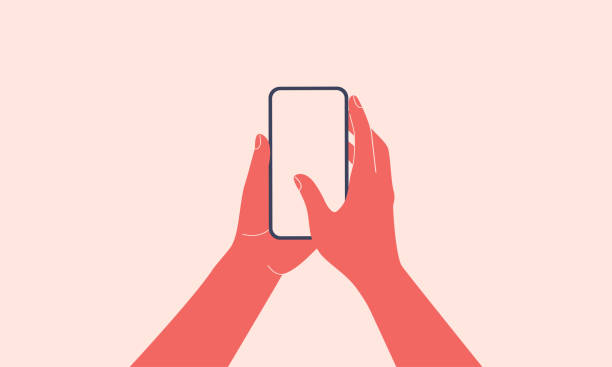 menschliche hände halten vertikal handy mit leerem bildschirm. frauenarm berührt smartphone-display mit daumenfinger. - hand frau stock-grafiken, -clipart, -cartoons und -symbole
