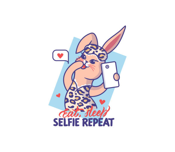 der osterhase liebt selfie. cartoonish kaninchen mit einem telefon - easter easter bunny fun humor stock-grafiken, -clipart, -cartoons und -symbole