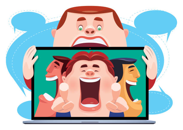 ilustraciones, imágenes clip art, dibujos animados e iconos de stock de tres hombres riendo y señalando a nerd a través de la computadora portátil - manager rudeness bossy using voice
