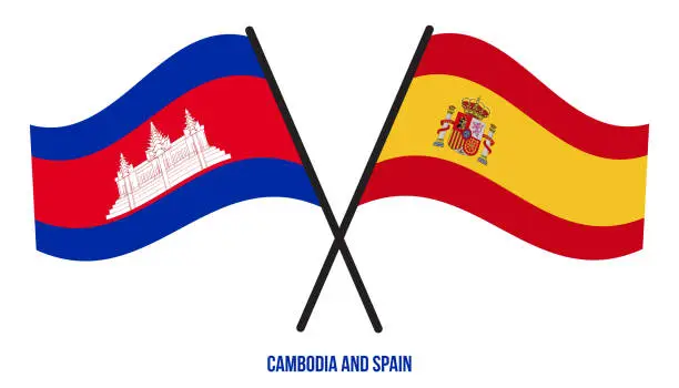 Vector illustration of Cambodia and Spain Flags Crossed And Waving Flat Style. Official Proportion. Correct Colors.