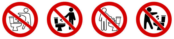 Do not throw or flush rubbish in toilet icon. Simple man silhouette throwing stuff into bowl, red crossed circle around Do not throw or flush rubbish in toilet icon. Simple man silhouette throwing stuff into bowl, red crossed circle around flushing toilet stock illustrations