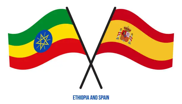 Vector illustration of Ethiopia and Spain Flags Crossed And Waving Flat Style. Official Proportion. Correct Colors.