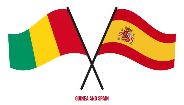 Vector illustration of Guinea and Spain Flags Crossed And Waving Flat Style. Official Proportion. Correct Colors.