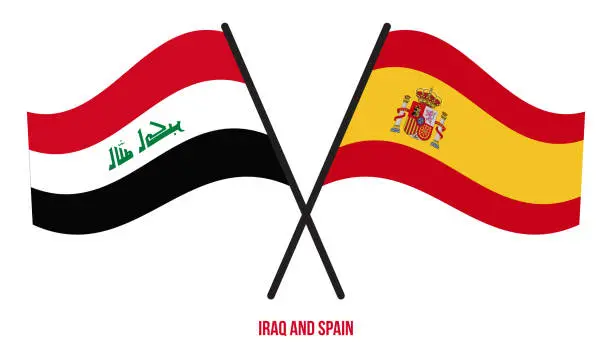 Vector illustration of Iraq and Spain Flags Crossed And Waving Flat Style. Official Proportion. Correct Colors.