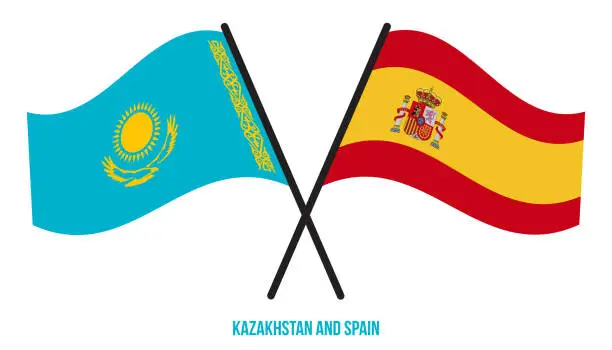 Vector illustration of Kazakhstan and Spain Flags Crossed And Waving Flat Style. Official Proportion. Correct Colors.