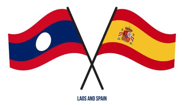 Vector illustration of Laos and Spain Flags Crossed And Waving Flat Style. Official Proportion. Correct Colors.