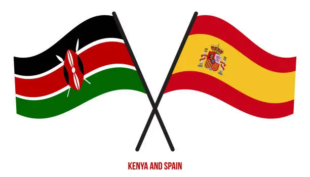 Vector illustration of Kenya and Spain Flags Crossed And Waving Flat Style. Official Proportion. Correct Colors.