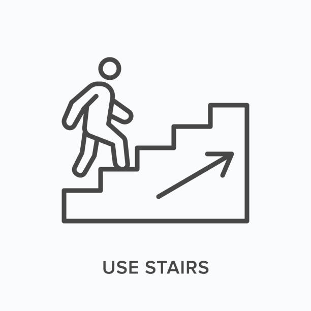 ilustrações de stock, clip art, desenhos animados e ícones de man walking upstairs flat line icon. vector outline illustration of use stairs. career growth thin linear logo - upstairs