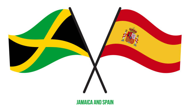 bildbanksillustrationer, clip art samt tecknat material och ikoner med jamaica och spanien flaggor korsade och viftande platt stil. officiella proportion. korrekta färger. - welcome to jamaica