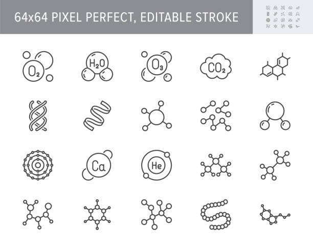 molekülliniensymbole. vektor-illustration enthalten icon-aminosäure, peptid, hormon, protein, kollagen, ozon, o2 chemische formel umriss piktogramm für die chemie. 64 x 64 pixel perfekt editierbarer hub - moleküle stock-grafiken, -clipart, -cartoons und -symbole