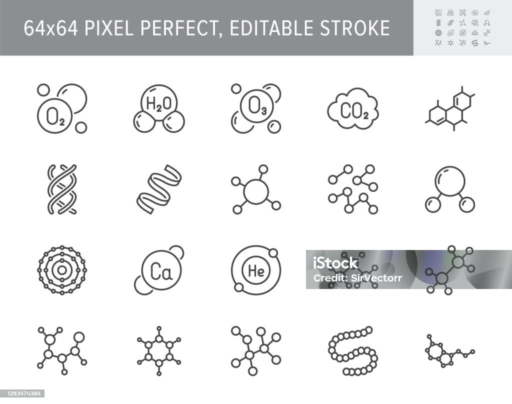Molecule line icons. Vector illustration included icon amino acid, peptide, hormone, protein, collagen, ozone, O2 chemical formula outline pictogram for chemistry. 64x64 Pixel Perfect Editable Stroke Molecule line icons. Vector illustration included icon amino acid, peptide, hormone, protein, collagen, ozone, O2 chemical formula outline pictogram for chemistry. 64x64 Pixel Perfect Editable Stroke. Icon Symbol stock vector